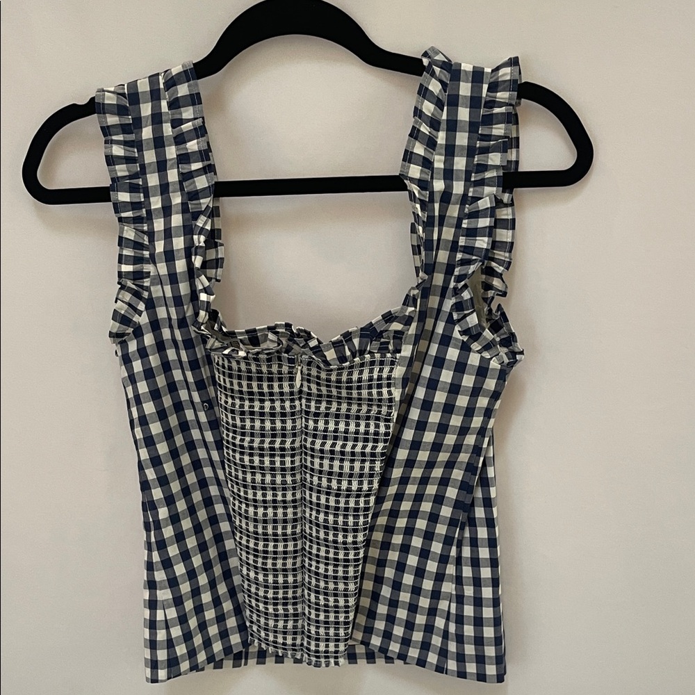 JCrew Navy and White Gingham Ruffle Top - Picture 2 of 7
